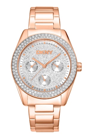 DKNY Ceas din otel inoxidabil cu functii multiple, Auriu rose