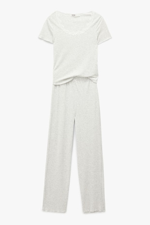 KOTON Pijama cu decolteu rotund si captuseala de dantela, Gri deschis melange