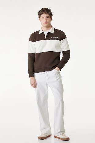 KOTON Bluza de trening polo cu dungi, Maro inchis/Alb fildes