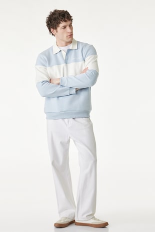KOTON Bluza de trening polo cu dungi, Alb/Albastru pastel