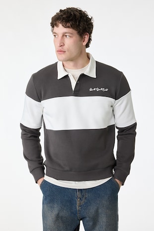 KOTON Bluza de trening polo cu dungi, Alb/Gri antracit