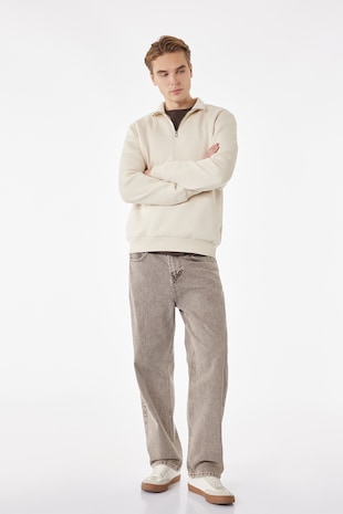 KOTON Bluza de trening cu fermoar scurt, Bej