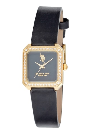 U.S. Polo Assn. Ceas cu logo si curea din piele, Auriu/Negru