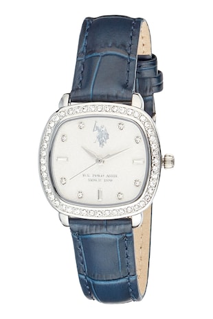 U.S. Polo Assn. Ceas cu detalii din cristal, Argintiu/Bleumarin