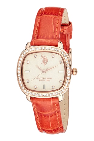 U.S. Polo Assn. Ceas cu detalii din cristale, Auriu/Rosu vermillion