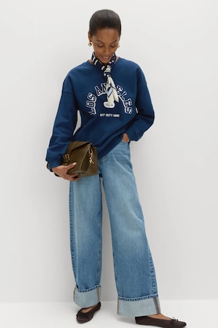 Marks & Spencer Bluza de trening cu decolteu rotund si imprimeu, Albastru inchis