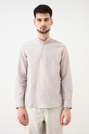 Jack & Jones Bluza din amestec de in cu guler tunica Breeze, Bej inchis