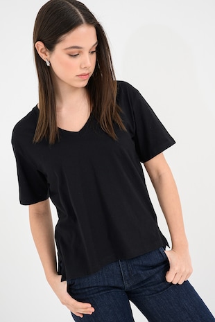 United Colors of Benetton Tricou din bumbac cu decolteu in V, Negru