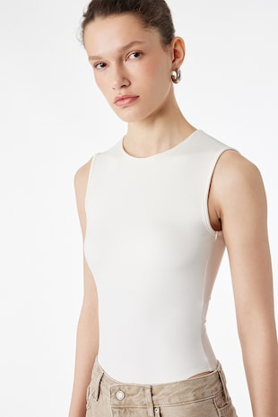 KOTON Body cu croiala slim-fit, fara maneci, Alb murdar