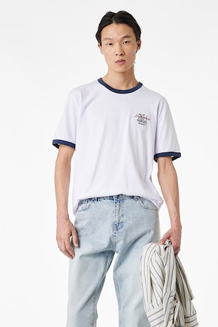 KOTON Tricou de bumbac cu decolteu la baza gatului, Alb/Albastru