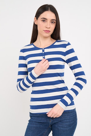 Timeout Bluza cu model in dungi si fenta scurta cu capse, Alb/Albastru royal