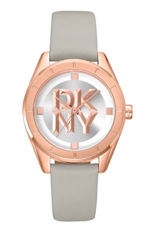 DKNY Ceas din otel inoxidabil cu o curea din piele, Gri cenusa