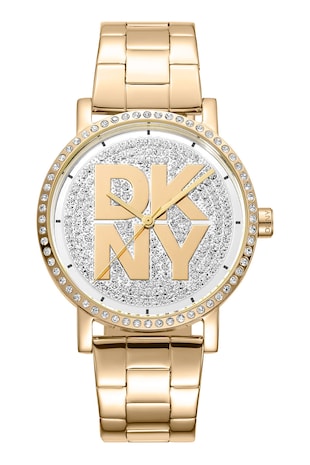 DKNY Ceas din otel inoxidabil cu logo si cristale, Auriu