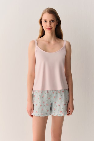 Suwen Pijama din bumbac cu pantaloni scurti, Turcoaz/Roz pal