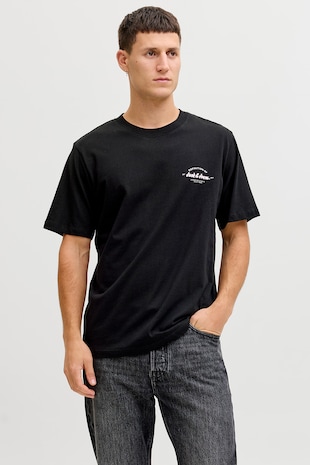 Jack & Jones Tricou de bumbac cu decolteu la baza gatului si imprimeu logo discret, Negru
