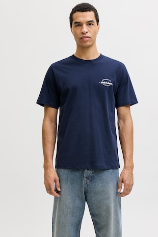 Jack & Jones Tricou de bumbac cu decolteu la baza gatului si imprimeu logo discret, Bleumarin