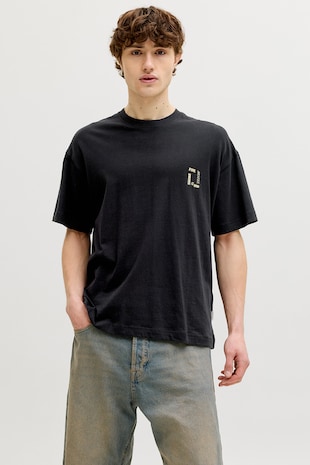 Jack & Jones Tricou cu decolteu la baza gatului si imprimeu pe partea din spate, Negru