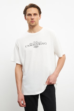 LC WAIKIKI Tricou lejer texturatcu text, Alb murdar