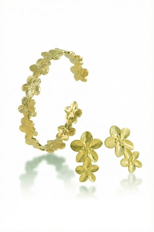 Victoria Walls Set de bratara rigida si cercei in forma de floare placat cu aur de 18K - 3 piese, Auriu