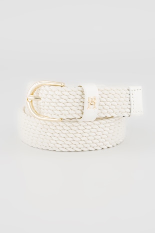 Tommy Hilfiger Curea de piele cu model impletit si catarama rotunda, Crem