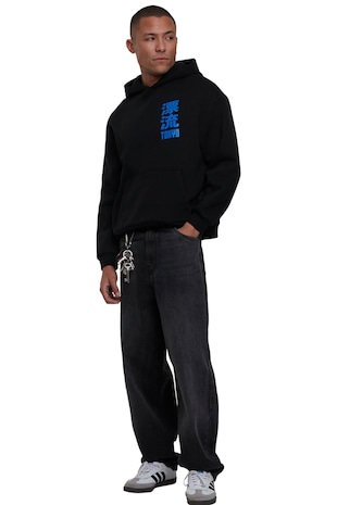 Mister tee Hanorac cu buzunare kangaroo si design grafic, Negru/Albastru royal