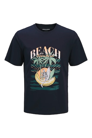 Jack & Jones Tricou cu decolteu la baza gatului si imprimeu grafic, Bleumarin