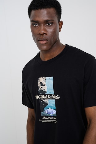 Jack & Jones Tricou din amestec de bumbac organic cu imprimeu foto, Negru