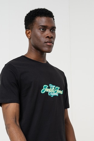Jack & Jones Tricou din bumbac organic cu imprimeu logo, Negru