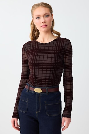 JIMMY KEY Bluza din plasa cu model in carouri, Maro cognac/Maro pamantiu