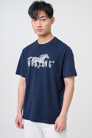 Mustang Tricou din bumbac cu imprimeu logo Austin, Alb/Albastru inchis