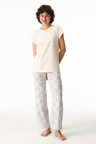 Penti Tricou de pijama din bumbac cu imprimeu text, Albastru pastel/Alb murdar