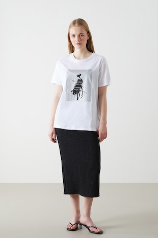 LC WAIKIKI Tricou cu decolteu rotund si imprimeu, Alb/Negru