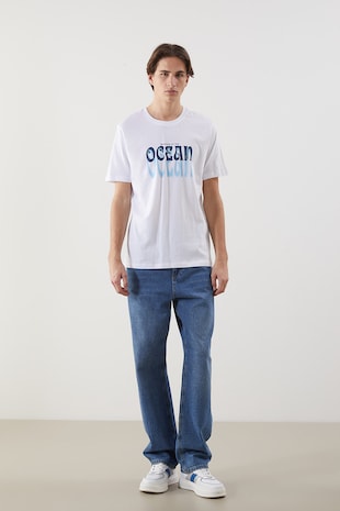 LC WAIKIKI Tricou cu decolteu la baza gatului si imprimeu, Alb