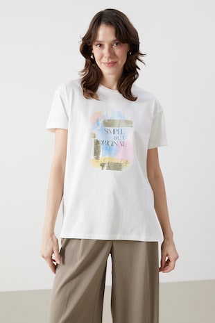 LC WAIKIKI Tricou cu decolteu la baza gatului si imprimeu grafic, Alb