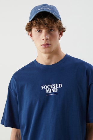 LC WAIKIKI Tricou lejer din bumbac cu imprimeu text, Albastru indigo
