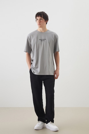 LC WAIKIKI Tricou lejer din bumbac cu imprimeu text, Gri deschis
