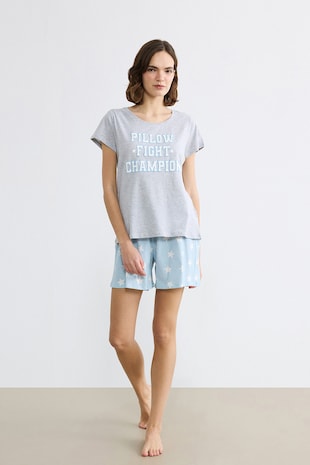 LC WAIKIKI Pijama cu pantaloni scurti din amestec de bumbac, Albastru pastel/Gri melange