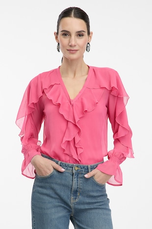 orsay Bluza cu volane si decolteu in V, Fucsia