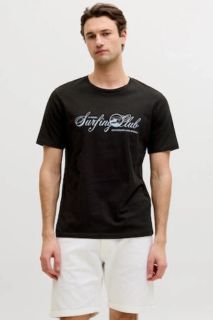 JJ REBEL Tricou cu decolteu la baza gatului si imprimeu grafic, Negru/Albastru deschis