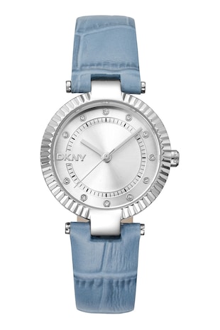 DKNY Ceas rotund cu o curea de piele, Argintiu/Albastru prafuit