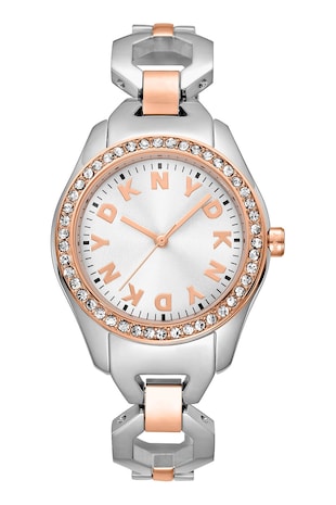 DKNY Ceas de otel inoxidabil cu doua nuante si logo, Auriu rose/Argintiu