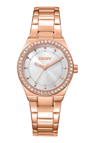 DKNY Ceas rotund de otel inoxidabil cu cristale, Auriu rose