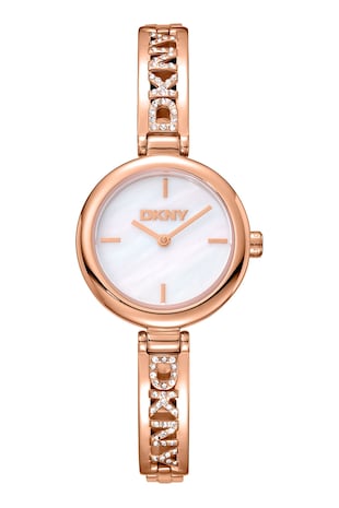 DKNY Ceas quartz de otel inoxidabil cu strasuri, Auriu rose