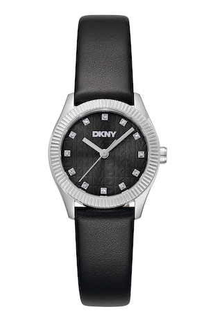 DKNY Ceas cu monograma si curea de piele, Negru