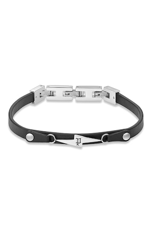 Police Bratara de piele cu monograma mica, Negru antracit/Argintiu