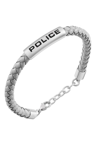 Police din piele cu model impletit si placuta logo din otel, Argintiu, Gri deschis/Argintiu