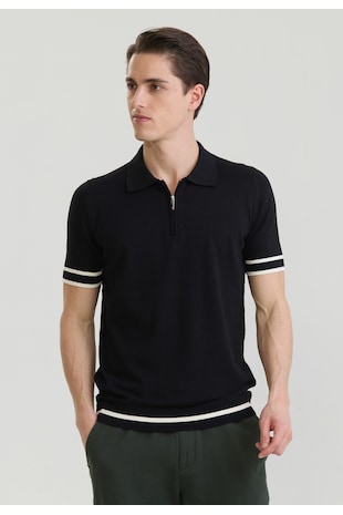 Felix Hardy Tricou polo de bumbac cu fenta cu fermoar, Alb/Negru