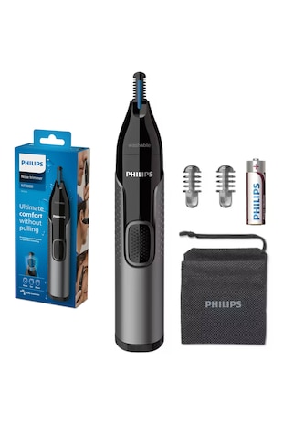 Philips Trimmer pentru nas/urechi NT3650/16, baterie, lavabil, tehnologie Precision Trim, otel inoxidabil, pieptene pentru sprancene, pieptene 5 mm, Gri