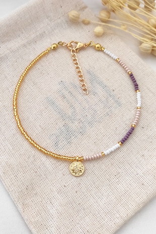 Atelier Miu Bratara pentru glezna decorata cu margele miyuki multicolore, Alb/Auriu/Violet
