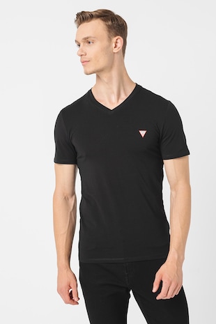 GUESS Tricou slim fit cu decolteu in V, Negru carbon